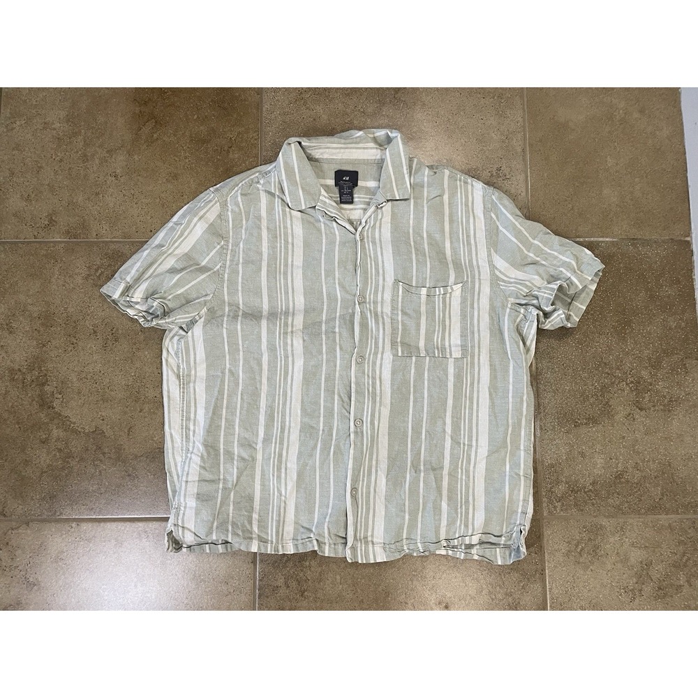 H&M Regular Fit Short Sleeve Mens L Striped Linen Blend Shirt Green Camp Collar